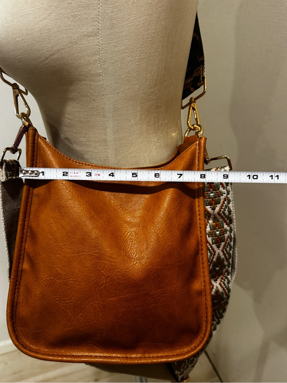 Stylish Tan Leather Crossbody Bag with Embroidered tow Strap - Picture 12 of 13